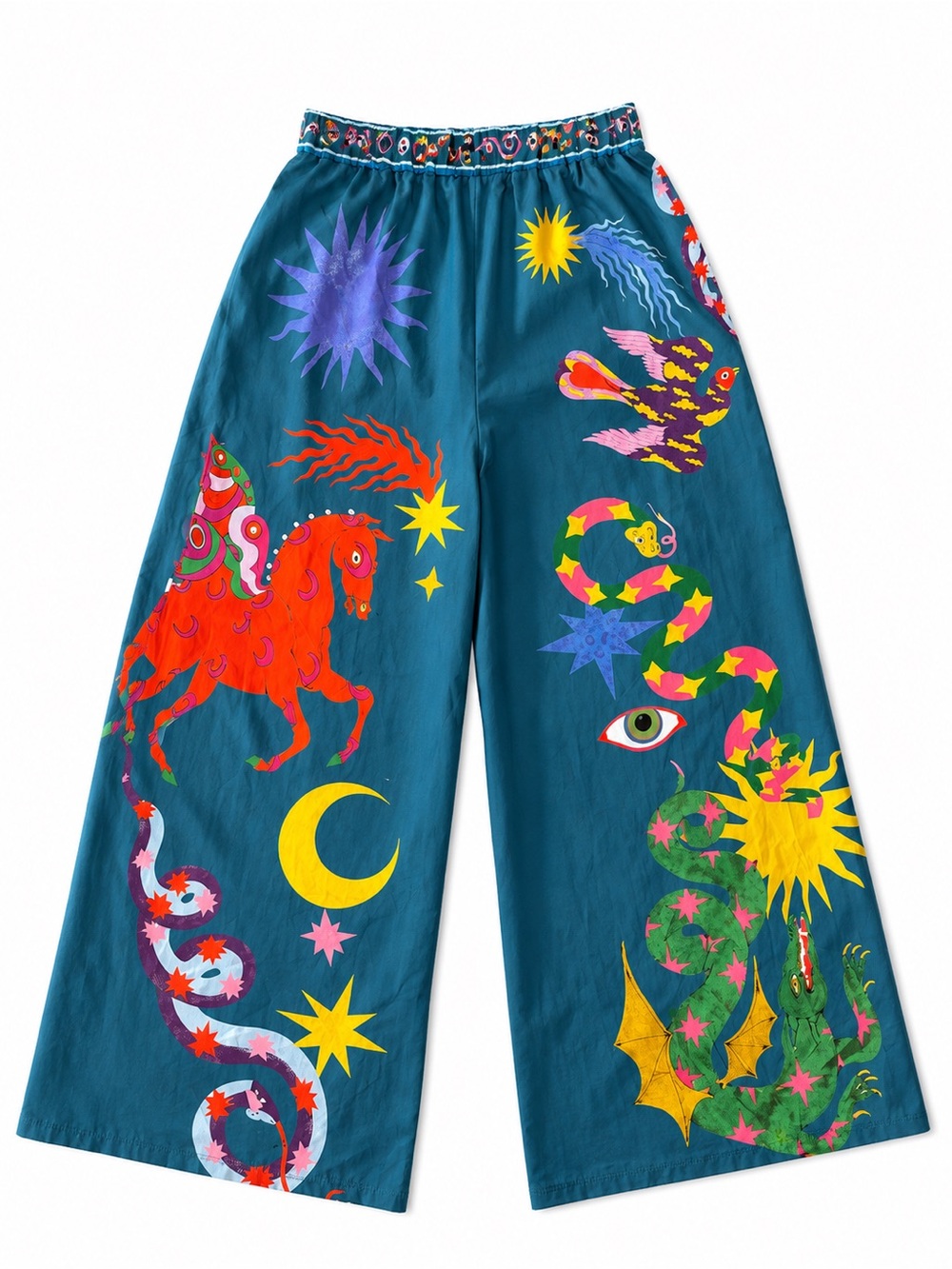 Teal Wide-Leg Printed Palazzo Pants with Colorful Celestial & Animal Motifs - Picture 2 of 3